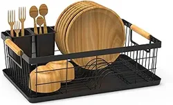 Sleek and Functional Dish Drainer Rack with Wooden Accents